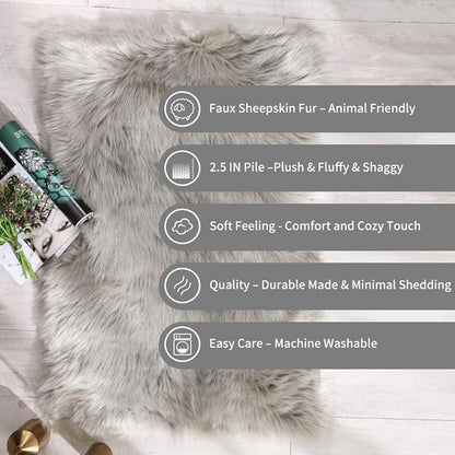 Carvapet Fluffy Shaggy Soft Faux Sheepskin Fur Area Rugs Floor Mat Chair Sofa Cover Beside Carpet for Bedroom Living Room, 2ft x 3ft, Grey