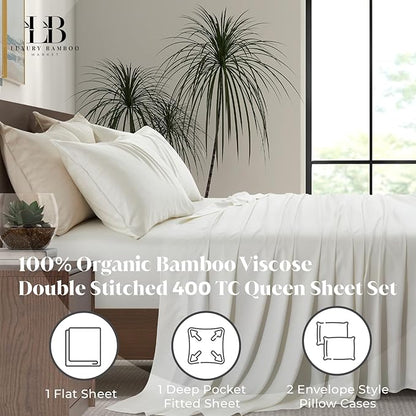Luxury Bamboo Market | Queen Size Bed Sheet Set | 100% Viscose Made from Bamboo | Organically Grown | Ultra Soft | Cooling Sheets for Hot Sleepers | 17" Deep Pocket [Opulent Ivory]