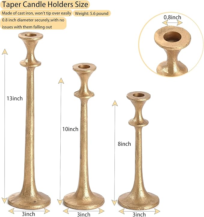 Gold Taper Candle Holders Set of 3, Heavy Candlestick Holders Decorative Candle Stand for Table Centerpiece, Cast Iron Candle Stick Holder Decor