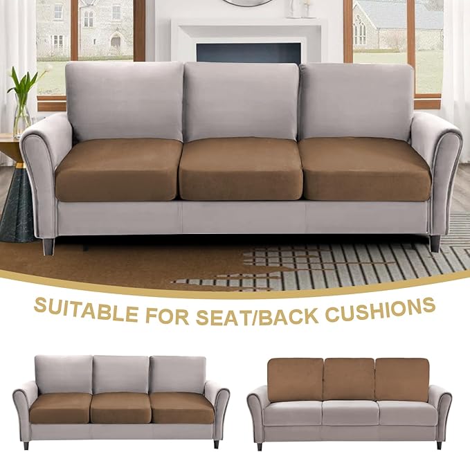 H.VERSAILTEX Individual Couch Cushion Covers Stretch Couch Covers for 3 Cushion Couch Sofa Soft Suede Sofa Seat Covers Washable(3 Piece Sofa Cover,Mocha)