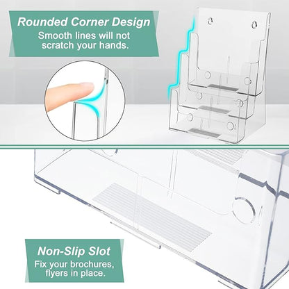 Argvey Acrylic Brochure Holder 8.5 x 11 inches, 3 Tier Clear Literature Holder with Removable Divider for Trifold 4 Inches Wide Pamphlet, Plastic Flyer Display Stand for Magazine, Document, Booklet