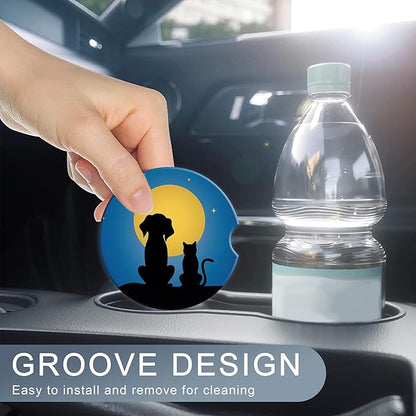 Dog Cat Car Cup Holder Coaster,Moon Night Starry Sky Car Coasters for Cup Holder,2 PCS Absorbent Insert Ceramic Car Assecories with Cork Back & Finger Notch for Women Men