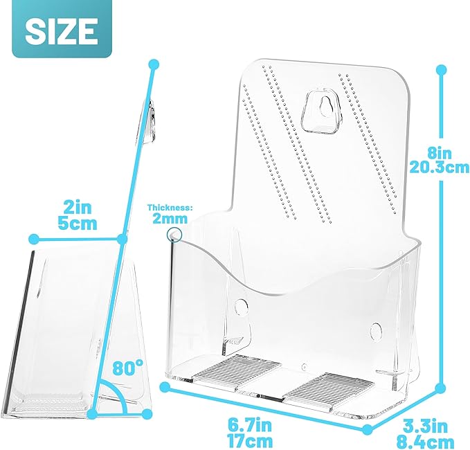 Acrylic Brochure Holder 6 x 8 Inches, 4-Pack Clear Plastic Display Stand for Half-Fold Flyers, Pamphlets, Menus, Trifold Literature, Wall Mount or Countertop Use