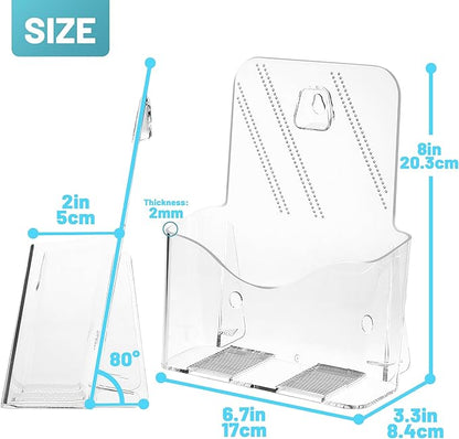 Acrylic Brochure Holder 6 x 8 Inches, 4-Pack Clear Plastic Display Stand for Half-Fold Flyers, Pamphlets, Menus, Trifold Literature, Wall Mount or Countertop Use