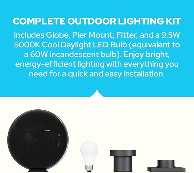 KASTLITE 12" Globe Pier Mount Outdoor Lighting with LED Lamp | UV & Waterproof Pillar & Column Lights | Deck Driveway Yard Patio & Garden Fixture | Made in USA | Smoke Cover, Black Basic Base