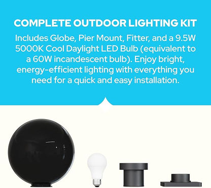 KASTLITE 12" Globe Pier Mount Outdoor Lighting with LED Lamp | UV & Waterproof Pillar & Column Lights | Deck Driveway Yard Patio & Garden Fixture | Made in USA | Smoke Cover, Black Basic Base