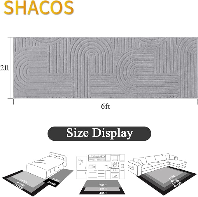 SHACOS Soft Cozy Fluffy Arch Pattern High Low Pile Runner Rugs 2'x6' Non Slip Washable Rug Runners Modern Geometric Arc Carpet for Bedroom Bathroom Hallway, Light Grey