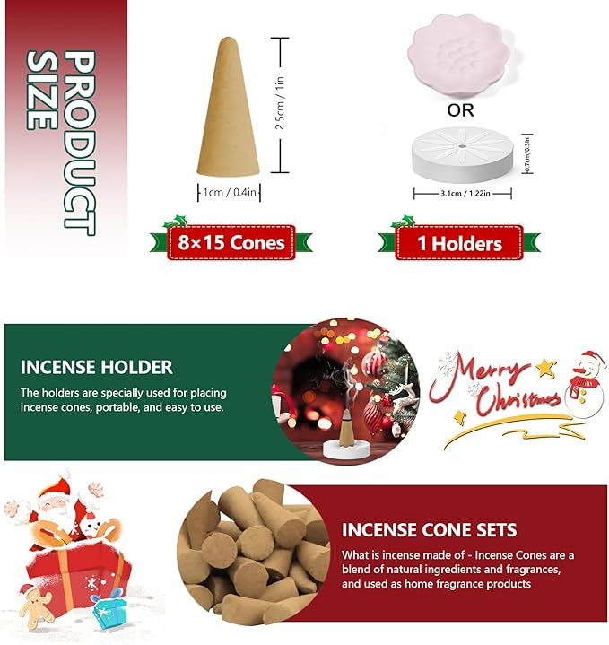 STRN Christmas Incense Cones Scented Kit, 120 Assorted Christmas Scented Cones with Incense Holder