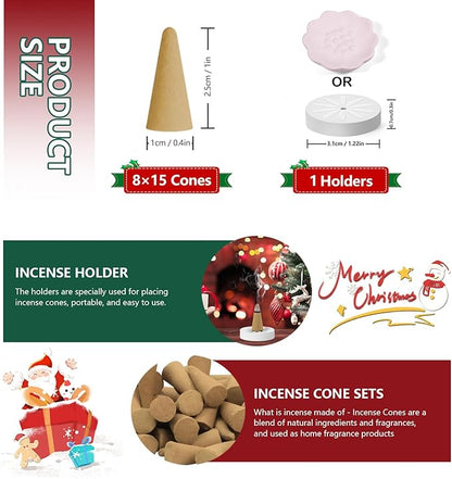 STRN Christmas Incense Cones Scented Kit, 120 Assorted Christmas Scented Cones with Incense Holder