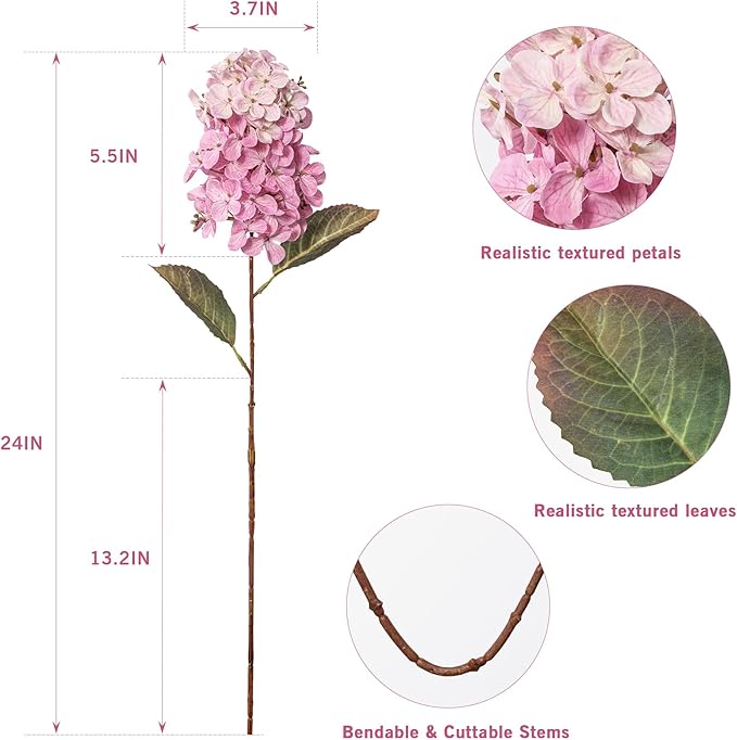 Hydrangea Artificial Flowers ,Fall Hydrangeas Artificial Flowers, Fake Fall Dried Hydrangea Decoration,Faux Silk Flower With Stems Winter Decor Indoor and outdoor(Pink 24"8pcs) Without Vase