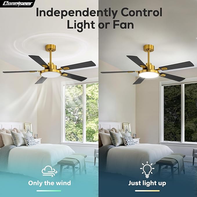 52 Inch Ceiling Fans with Lights and Remote for Bedroom Living Room Kitchen Office, Indoor/Outdoor Use, 5CCT Dimmable, 5 Blades, 6 Speed Reversible Quiet DC Motor, Gold/Wood Grain