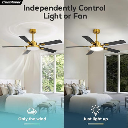 52 Inch Ceiling Fans with Lights and Remote for Bedroom Living Room Kitchen Office, Indoor/Outdoor Use, 5CCT Dimmable, 5 Blades, 6 Speed Reversible Quiet DC Motor, Gold/Wood Grain