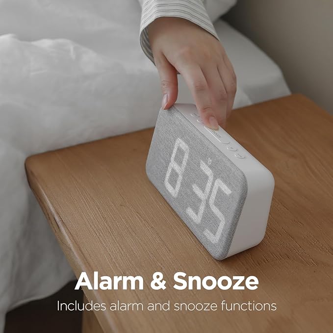 mooas Cosy Fabric LED Desk Clock, Digital Alarm Clock with USB Charging Port, 12/24H Mode, Temperature Display, Alarm & Snooze, Cozy Atmosphere, Non-Slip Silicone pad for Stability (Deep Green)