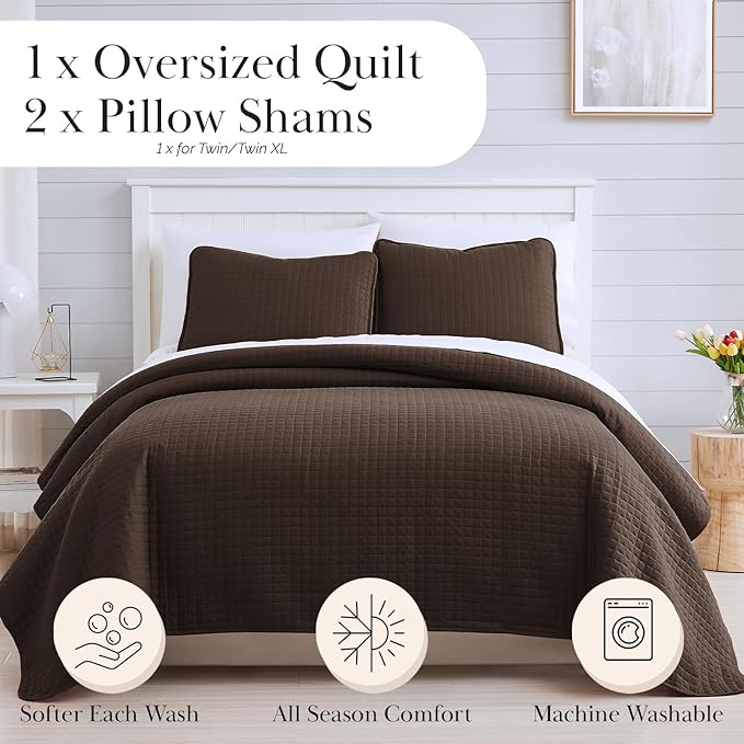 Southshore Fine Living, Inc. Full/Queen Quilt Bedding Set, Comfy Microfiber Coverlet, Queen Size Bedspread, Stain and Pet Hair Resistant Bedding, Full Size Quilt Set w/2 Shams, Chocolate Brown