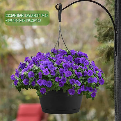 4 Pack Hanging Planters, 10 Inch Hanging Plant Pot with Hanger Chain & Drainage Trays, Hanging Baskets for Plants Outdoor Indoor, Flowers Pots for Home, Garden, Porch Decor (Black)