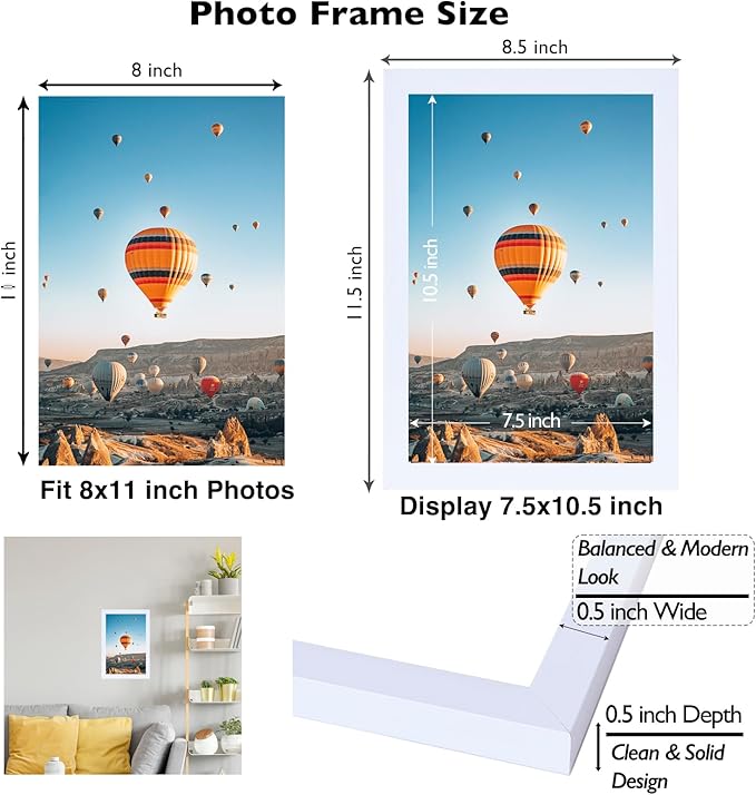 8x11 Picture Frame Set of 2 White for Wall Hanging or Tabletop- Wall Mounting Horizontally or Vertically, 8 x 11 Wall Gallery Poster Photo Frame for 8 by 11 Photo,2 Pack, White