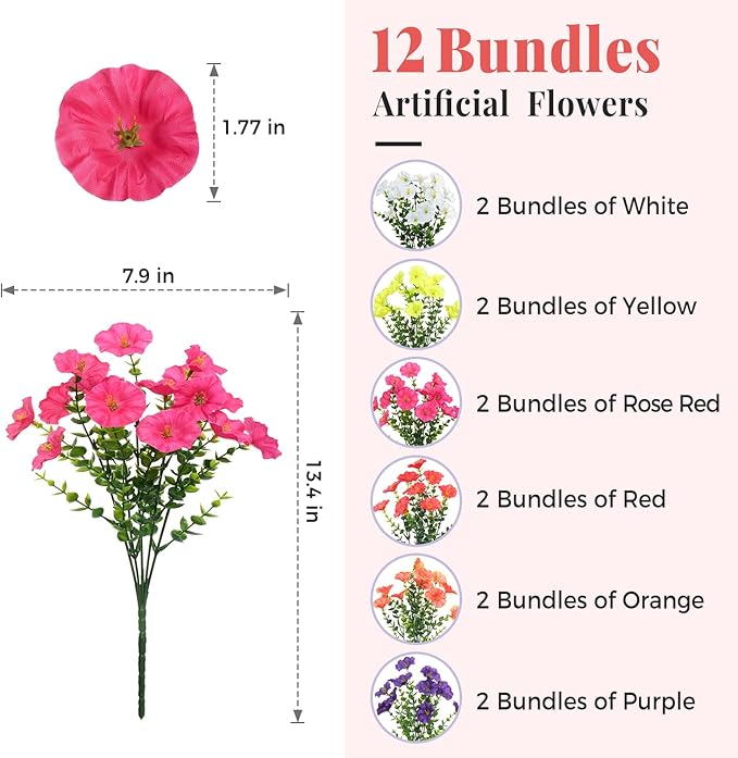 Spring Summer Mix Color Artificial Morning Glory, 12 Bundles Artificial Flowers for Outdoors Decorations UV Resistant Realistic Silk Flowers for Patio Home Decor Garden Planter Window Box Yard