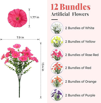 Spring Summer Mix Color Artificial Morning Glory, 12 Bundles Artificial Flowers for Outdoors Decorations UV Resistant Realistic Silk Flowers for Patio Home Decor Garden Planter Window Box Yard
