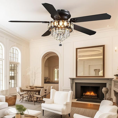 Asyko Crystal Ceiling Fan Fandelier with Lights - 52" Outdoor Fans with Remote Control，Noiseless DC Motor, Retro/Farmhouse Lighting, Dining Room,Living Room