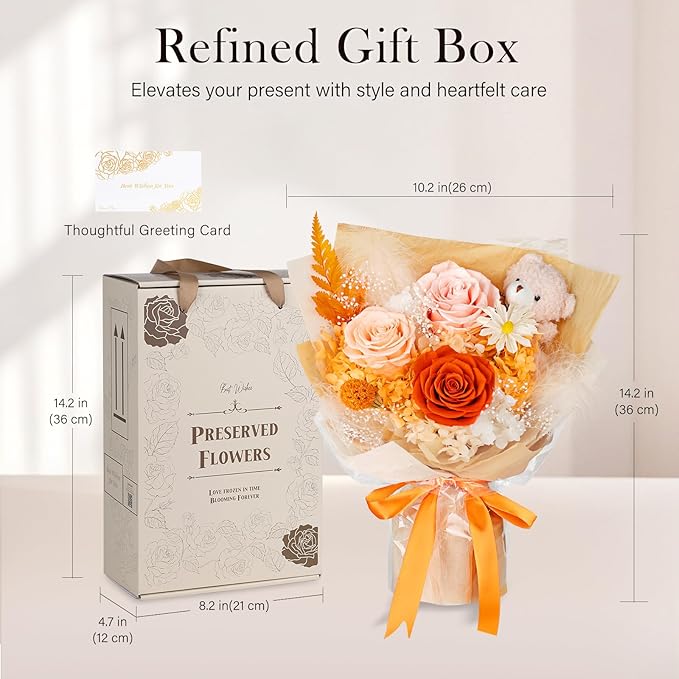 Preserved Flowers Bouquet with Bear, 3 Real Forever Flowers for Delivery, Long-Lasting Orange Eteranl Roses Bouquet, Anniversary Birthday Valentine Gifts for Women Mom Grandma Her Wife Girlfriend