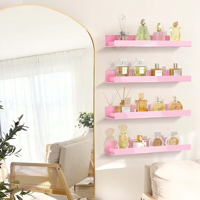 4 Pack 15 Inch Pink Acrylic Shelves, Kids Floating Bookshelf for Kids Room, Modern Nail Polish Rack Sunglasses Essential Oil Picture Ledge Display Toy Storage Wall Shelf