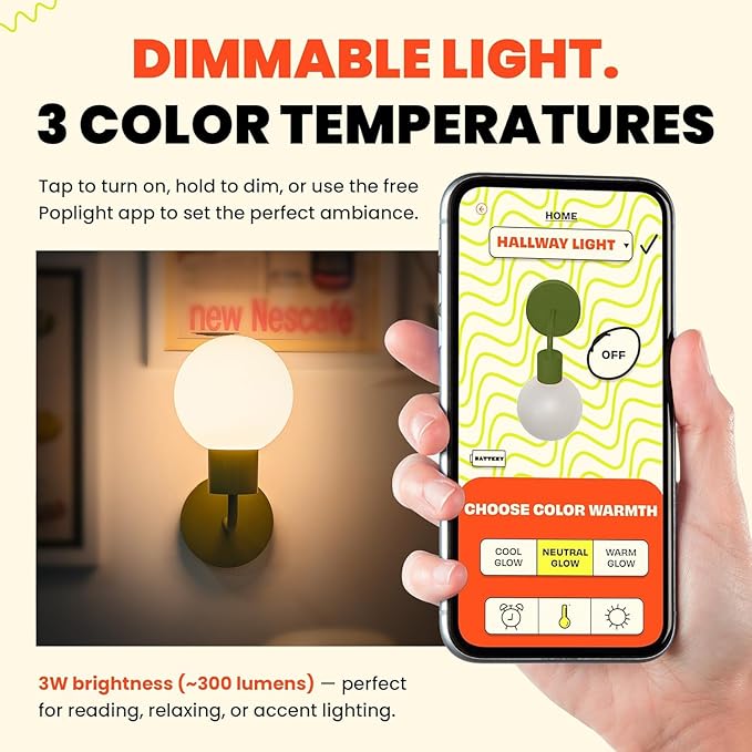 Wireless Wall Sconce (Shark Tank) Rechargeable & Dimmable LED Light w/App Control & Damage-Free Install, Moveable Modern Ambient Lighting for Elegant Home & Bedroom Decor | Sage Green