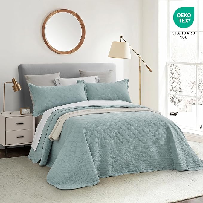 CHIXIN Oversized Cotton Bedspread King Size - Real Stitching - Luxury Quilted Bedding Cover for All Season, Reversible, Ultra Soft, Lightweight, 3 Piece, Pale Blue