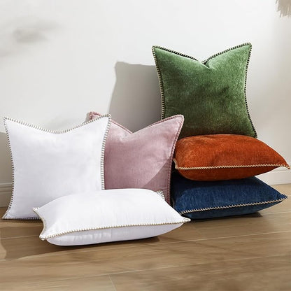 decorUhome Spring Chenille Soft Throw Pillow Covers 12x20 Set of 2, Lumbar Velvet Farmhouse Neutral Decorative Pillow Covers with Stitched Edge for Couch Sofa Bed Home Decor, White