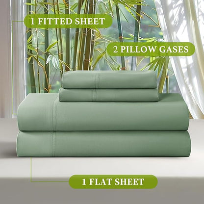 Shilucheng 100% Viscose Derived from Bamboo_ Sheets Queen Size 6pcs - Ultra Cooling & Silky Soft Bed Sheets, 16" Deep Pocket, Perfect for Hot Sleepers, Hotel Bedding Sheets (Sea Glass)