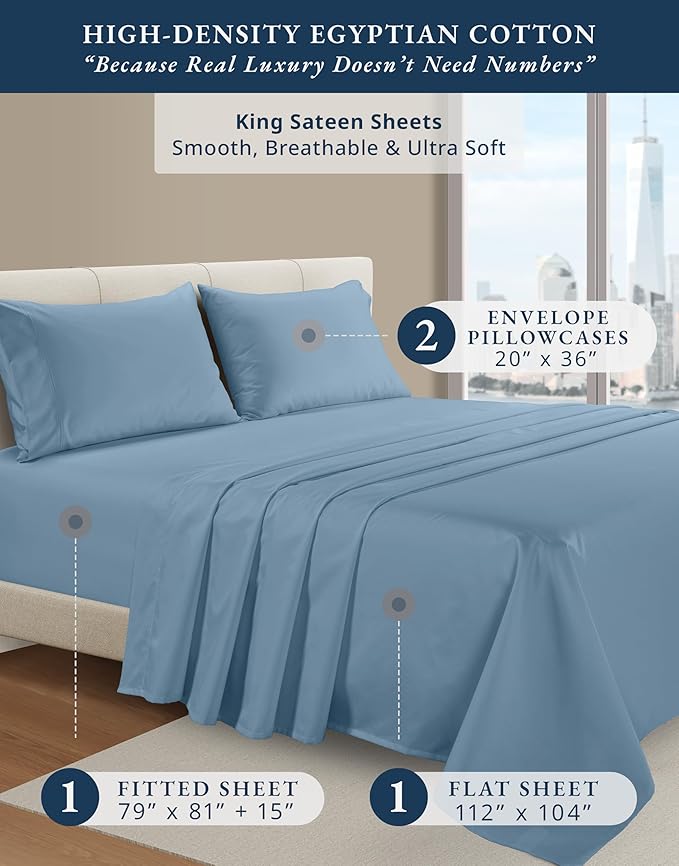 LANE LINEN Luxury Hotel Style 100% Egyptian Cotton Bed Sheets King Size, Mercerized Cotton, Sily Finish, No Pill Fade Resistant King Bedding Sheets & Pillowcases - Mountian Spring
