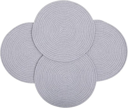 6 Pack Cotton Woven Placemats, 13.8 inches Round Plate Chargers Grey Thick Placemat Set Cotton Rope Braided Tablemats Rattan Tablemats Rustic Weave Placemats for Dining Table