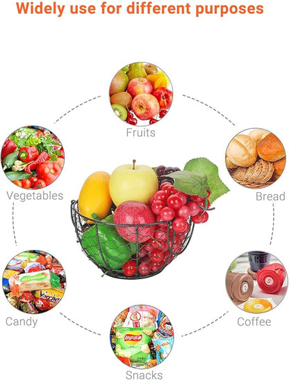 Round Wire Basket Black Fruit Basket Bowl Fruit Holder for Kitchen with Handle Black Home Storage for Vegetables, Snacks, Household Items Decor