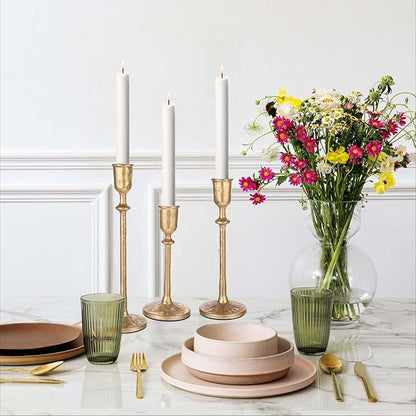 Antique Brass Iron Taper Candle Holder - Set of 3 Decorative Candle Stand, Candlestick Holder for Wedding, Dinning, Party