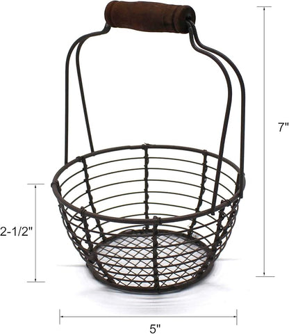 CVHOMEDECO. Metal Wire Mini Egg Baskets Rust Gathering Baskets with Wooden Handle Country Vintage Style Storage Baskets. Set of 2