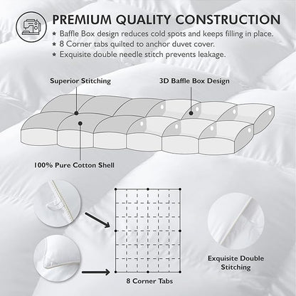 Luxurious Oversized King 108" x 98" Size Goose Down Fiber Waterfowl Feather Fiber Comforter Duvet, 100% Egyptian Cotton Cover, 65 oz. Fill Weight, Baffle Box Design, White Solid