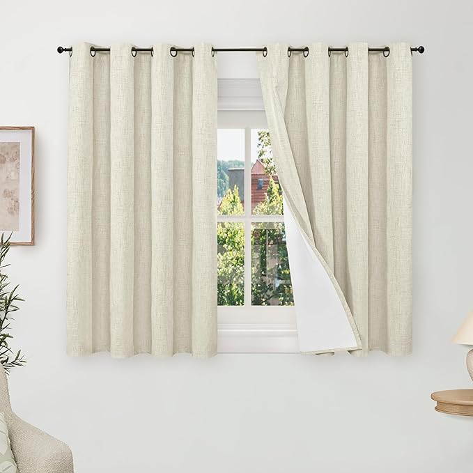 Lajode Short Blackout Curtains 45 Inch Length 2 Panels, Thermal Insulated Total Light Blocking Linen Window Curtains for Farmhouse Bedroom Basement, Bronze Grommet, Natural, Each 52" Wide