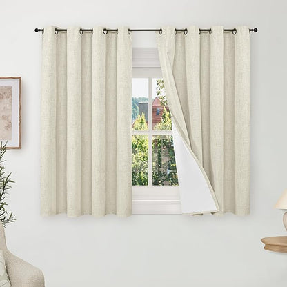 Lajode Short Blackout Curtains 45 Inch Length 2 Panels, Thermal Insulated Total Light Blocking Linen Window Curtains for Farmhouse Bedroom Basement, Bronze Grommet, Natural, Each 52" Wide