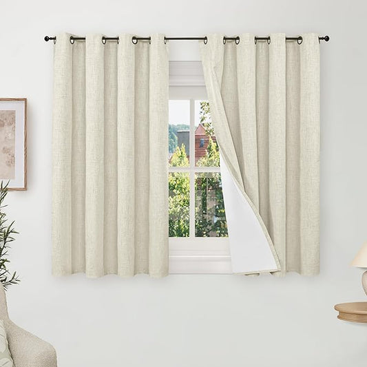 Lajode Short Blackout Curtains 45 Inch Length 2 Panels, Thermal Insulated Total Light Blocking Linen Window Curtains for Farmhouse Bedroom Basement, Bronze Grommet, Natural, Each 52" Wide