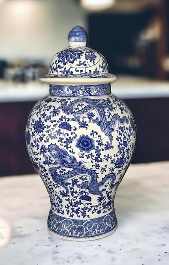 20" Classic Blue and White Floral Porcelain Ceramic Temple Ginger Jar Vase, Large China Qing Style (Dragon1)