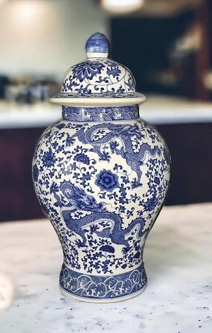 20" Classic Blue and White Floral Porcelain Ceramic Temple Ginger Jar Vase, Large China Qing Style (Dragon1)