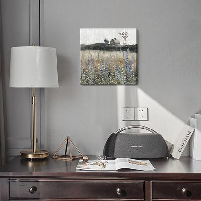 Bathroom Wall Art Vintage Farmhouse Canvas Print Retro Countryside Flower Field Nature Meadow Landscape Rustic Windmill Barn Picture Framed Artwork for Home Bedroom Living Room Black Purple 14x14inch