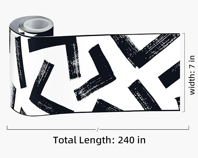 FLFK Black and White Design Wallpaper Border - Peel and Stick Wall Paper, Self Adhesive Removable PVC Borders Sticker, Modern Waterproof Trim for Home Decor, 7" x 240"
