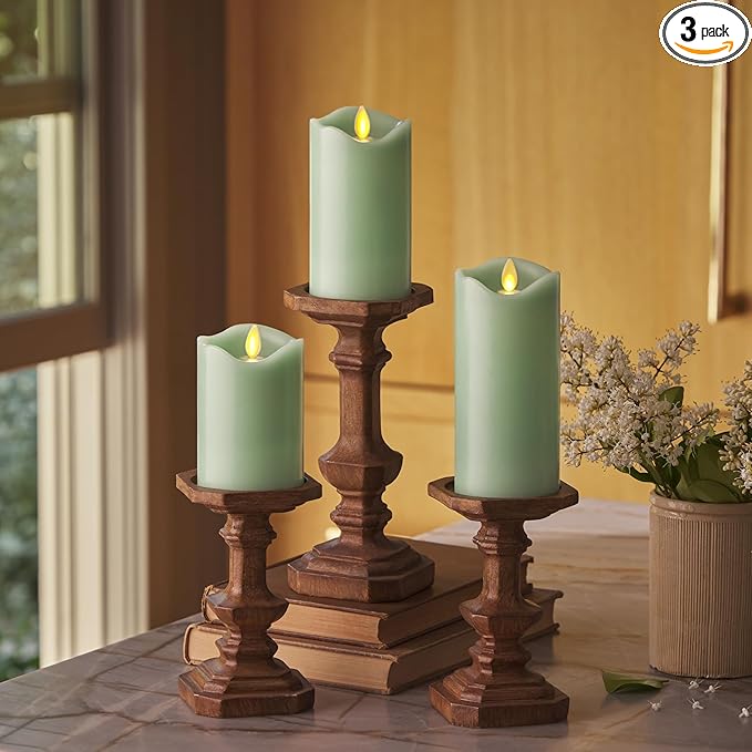 Matchless Candle Co. by Luminara Set of 3 (3" x 4.5",5.5",6.5") Flameless LED Flickering Battery Candle Moving Flame Pillar, Melted Edge, Real Wax Smooth Finish (Pastel Green)