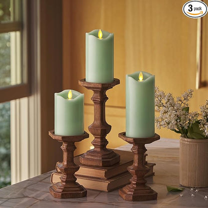 Matchless Candle Co. by Luminara Set of 3 (3" x 4.5",5.5",6.5") Flameless LED Flickering Battery Candle Moving Flame Pillar, Melted Edge, Real Wax Smooth Finish (Pastel Green)
