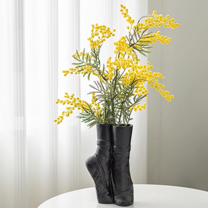 Fantasy Ballet Shoe Modern Ceramic Vase, Nordic Art Ins Style Decorative Aesthetic Foot Flower Vase for Home Living Room Table Bookshelf Decor (Matte Black W 6" X H 9")