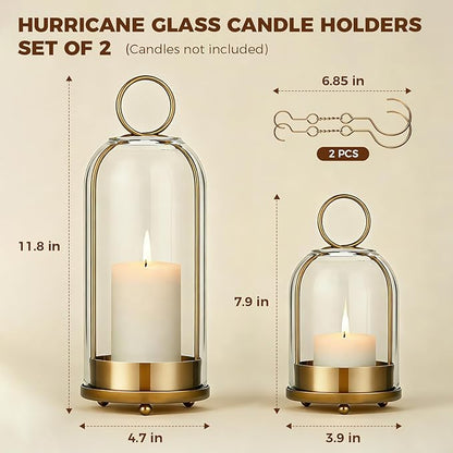 5"&4" Hurricane Glass Candle Holders, Hanging Brass Metal Candle Holder for Pillar Candles Table Coffee Table Decor Interior Decoration