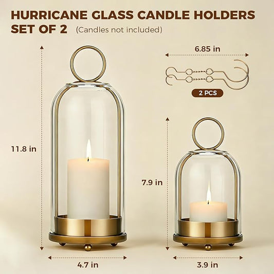 5"&4" Hurricane Glass Candle Holders, Hanging Brass Metal Candle Holder for Pillar Candles Table Coffee Table Decor Interior Decoration