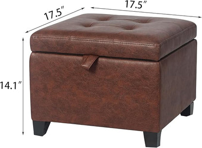Adeco Small Faux Leather Storage Ottoman Bench with Wood Legs, Square Red & Brown PU Cube Foot Stool, Upholstered Button Tufted Vanity Chair with Hinged Lid for Living Room, Bedroom, Dorm