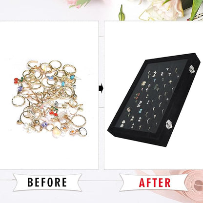 Rings Organizer Tray 10 Slots Velvet Ring Display Tray Insert Jewelry Earring Storage Box with Transparent Glass lid Can Hold 100 Rings Earrings Suitable for Girls and Women (Black)