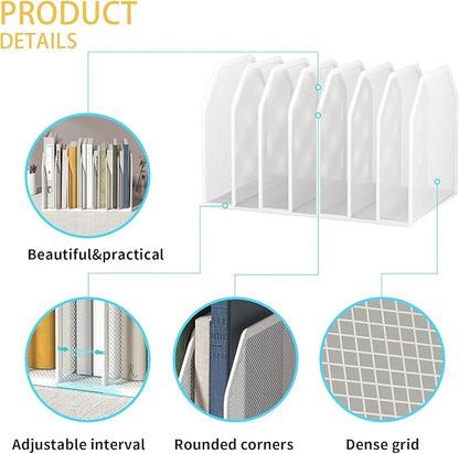 Metal 7 Section File Folder Organizer for Desk | Vertical Office File Holder | Heavy-Duty Mesh Document Sorter for Books, Binders, Laptops | Desk Organizer,7 Sections White